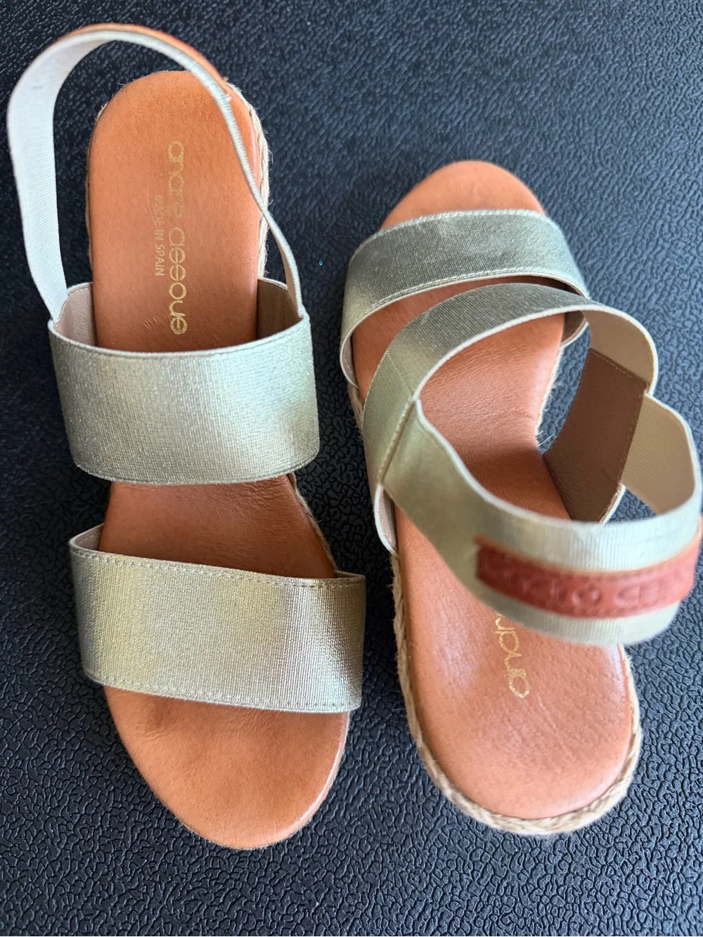 André Assous Metallic Gold Espadrille Wedge Sandals Size 38 Made in Spain